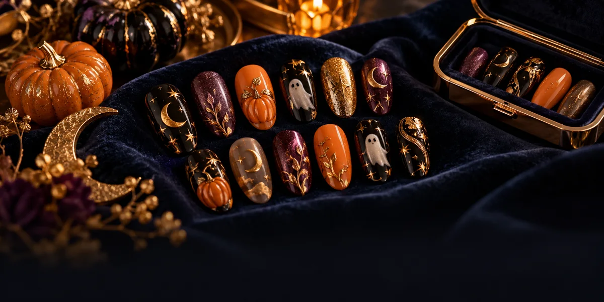 High-end Halloween press-on nail sets with original pumpkin, moon and abstract ghost motifs, black orange plum palette