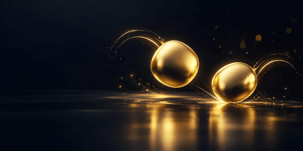 Two glowing gold spheres bouncing side by side with light trails, representing a playful brand