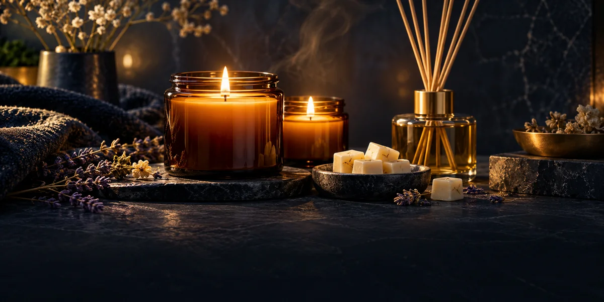 An editorial still life of amber candle jars, wax melts and reed diffusers on a warm neutral shelf, soft natural light