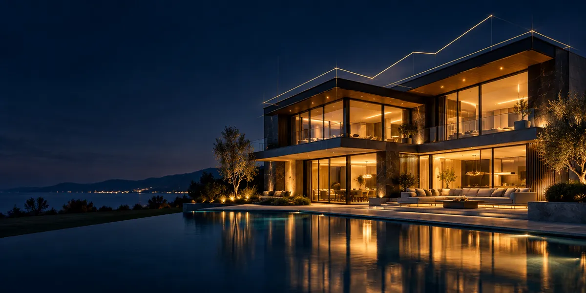 Elegant modern home at dusk with a subtle valuation overlay, representing home prices and real estate