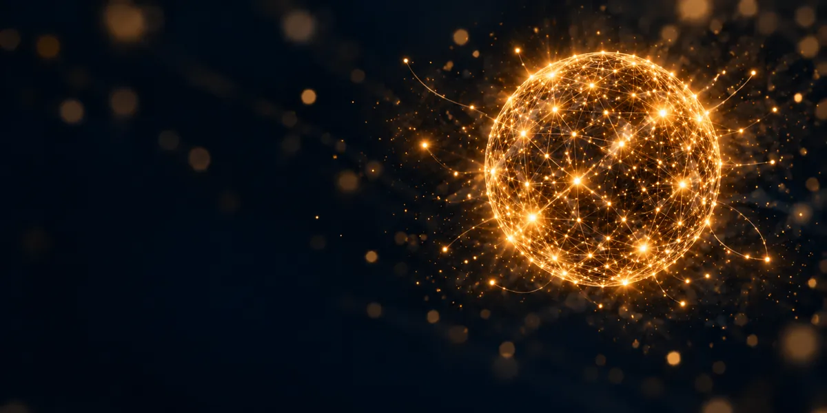 Abstract futuristic AI network of gold light, representing artificial intelligence technology