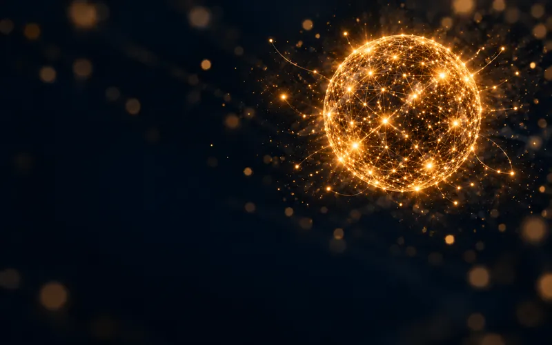 Abstract futuristic AI network of gold light, representing artificial intelligence technology