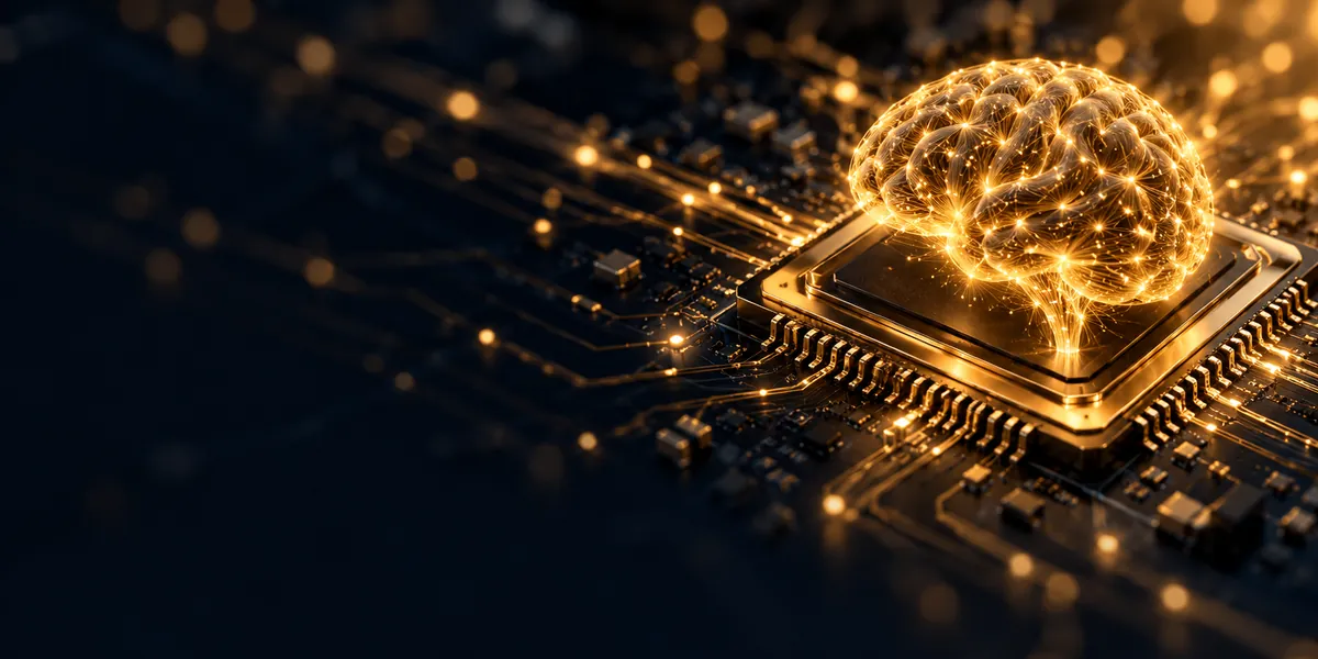 Glowing gold brain rising from an AI processor on a circuit board, representing AI embeddings and machine learning