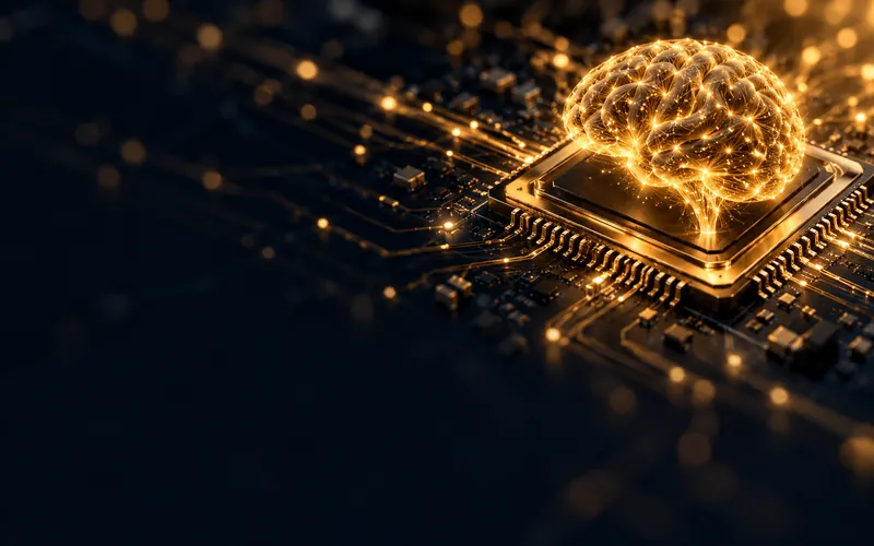 Glowing gold brain rising from an AI processor on a circuit board, representing AI embeddings and machine learning
