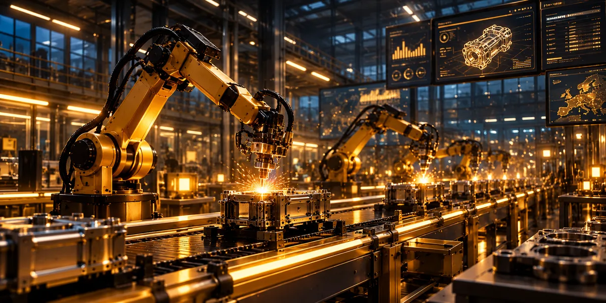 Robotic arms on a gold-lit smart factory production line at night, representing industrial AI
