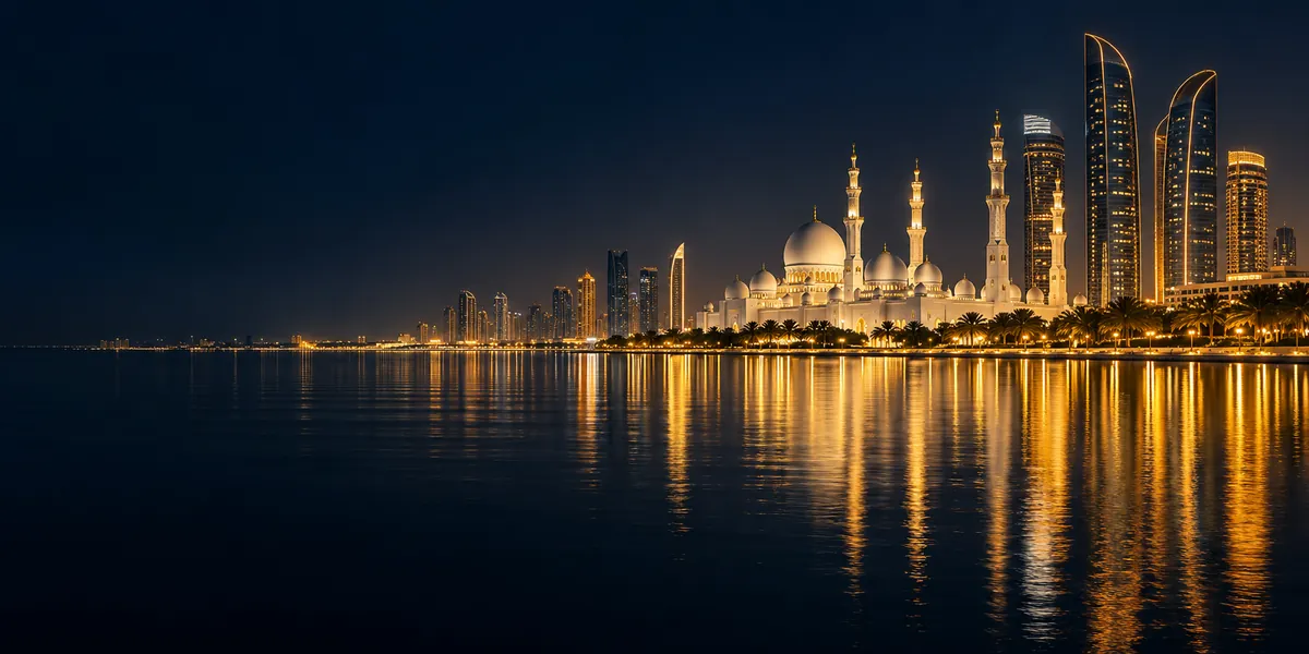 A white grand mosque and modern towers reflected in the water along the Abu Dhabi corniche at night, representing life in Abu Dhabi