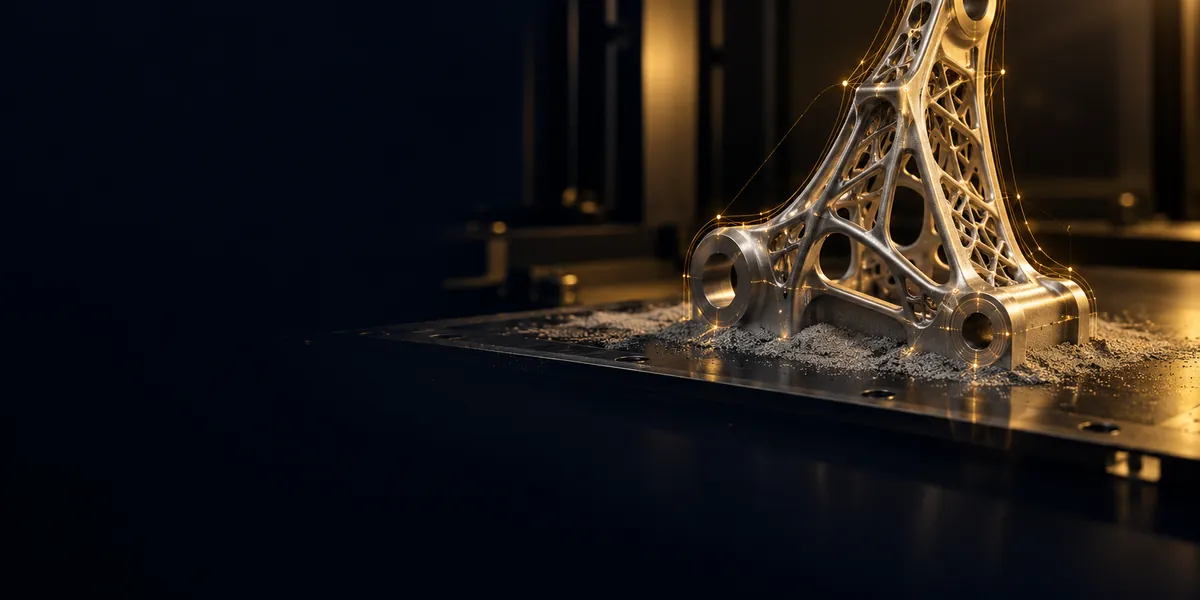 A lattice metal part emerging from fine powder on a build plate, representing laser powder bed fusion