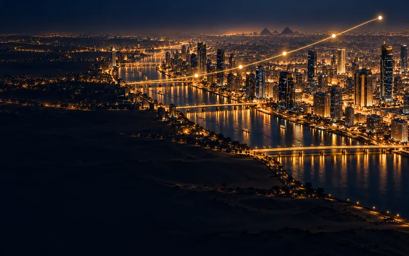 Cairo and the Nile at dusk with a modern startup feel, representing venture capital in Egypt