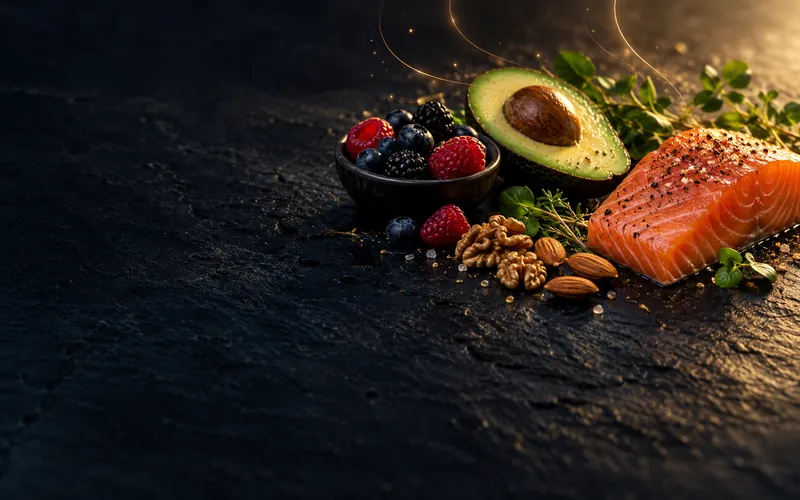 Healthy ingredients with elegant energy layers, representing nutrition and metabolic health foods