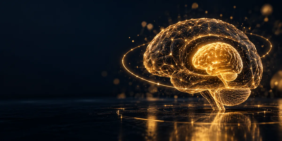 A gold wireframe brain with a brighter brain inside it and a ring of light, representing metacognition