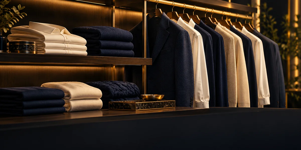 A curated capsule wardrobe of neatly folded neutral shirts and hanging minimalist garments, premium fashion editorial