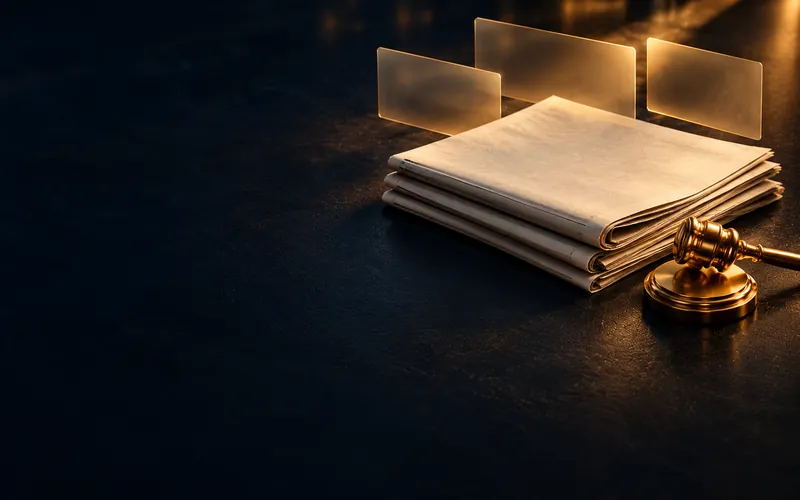 Digital news documents beside scales of justice under editorial lighting, representing legal news and media law