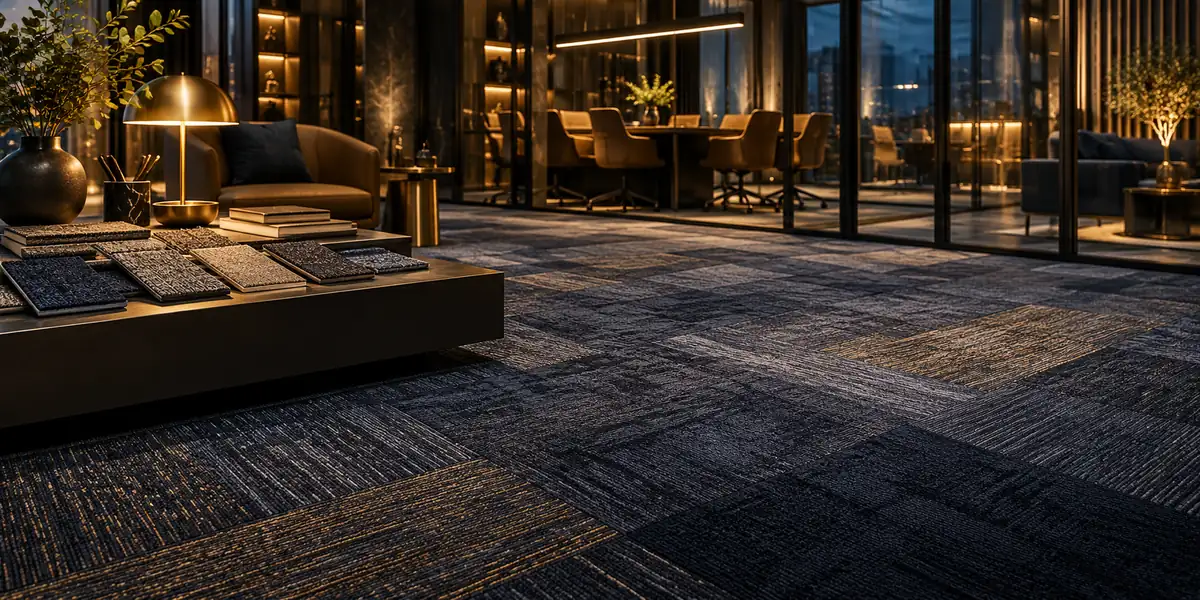 Architectural office interior with sophisticated carpet tiles and material sample swatches in foreground