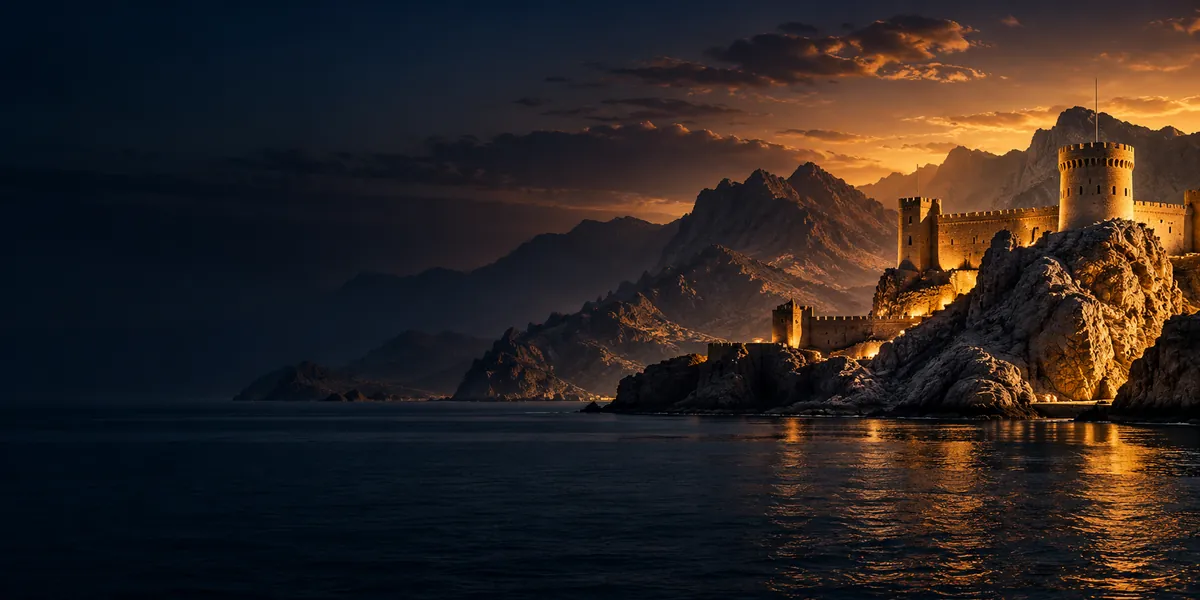 A traditional fort on rocky Omani mountains above a calm sea at dusk, representing Oman