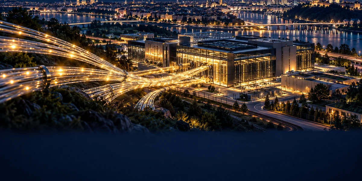 Glowing fiber-optic strands converging inside a modern data centre