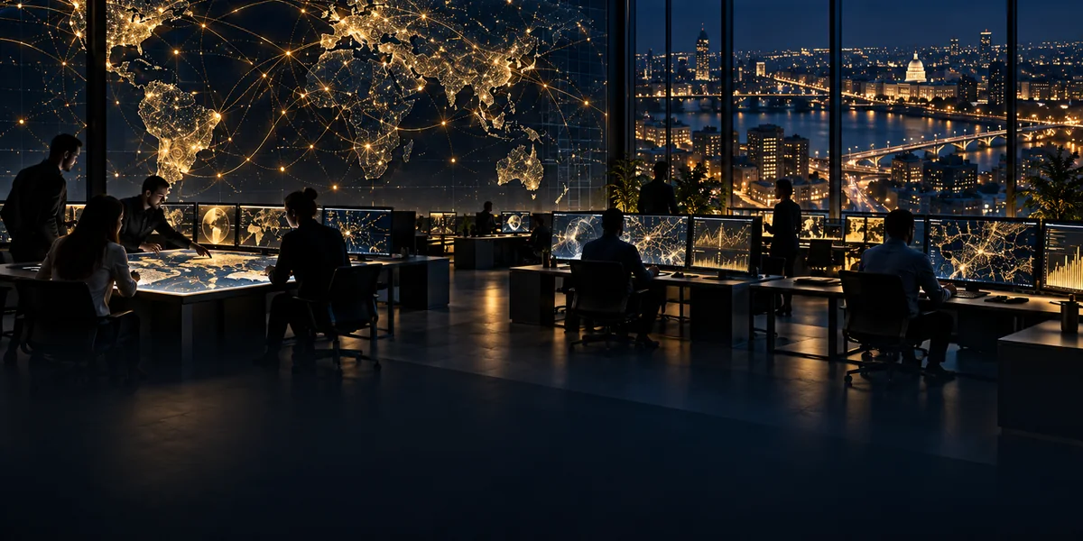 An open data laboratory with connected datasets and analytical charts