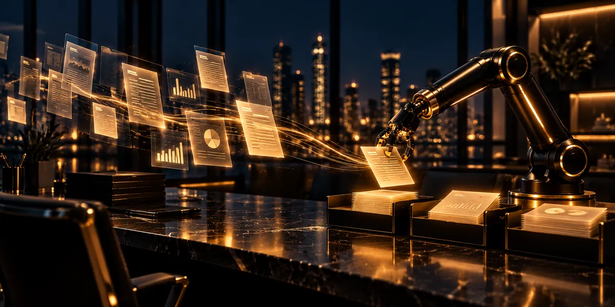 A black and gold robot arm sorting floating invoices and charts into neat stacks in a night-time office, representing back-office automation
