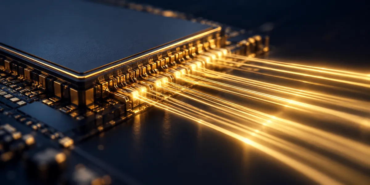 High-speed data lanes leaving a chip as beams of gold light, representing optical SerDes
