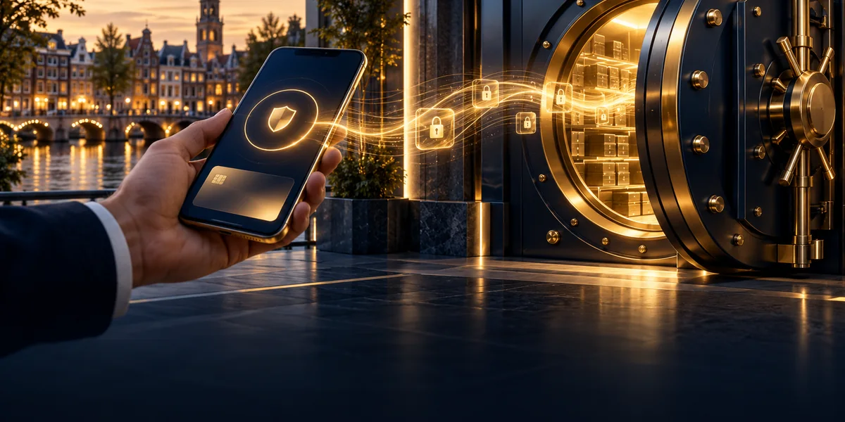 A secure mobile payment flowing into a gold-lit digital vault beside a Dutch canal