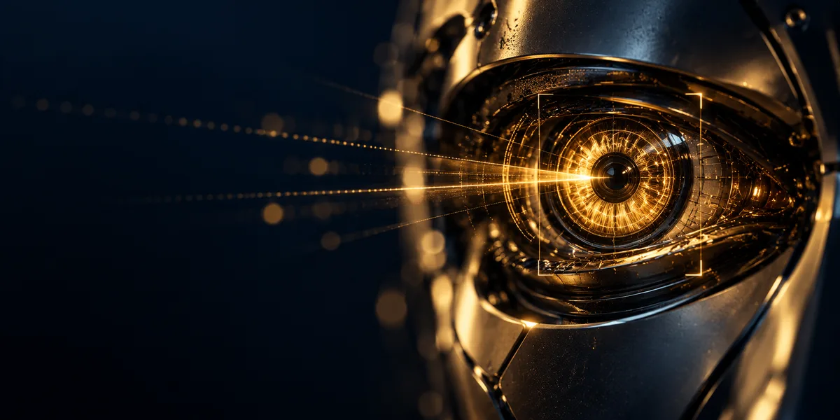 A robotic eye with a gold iris sending out scan lines, representing machine perception