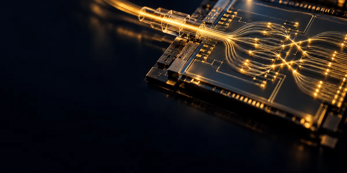 Optical fibers feeding light into a photonic chip, representing photonic computing