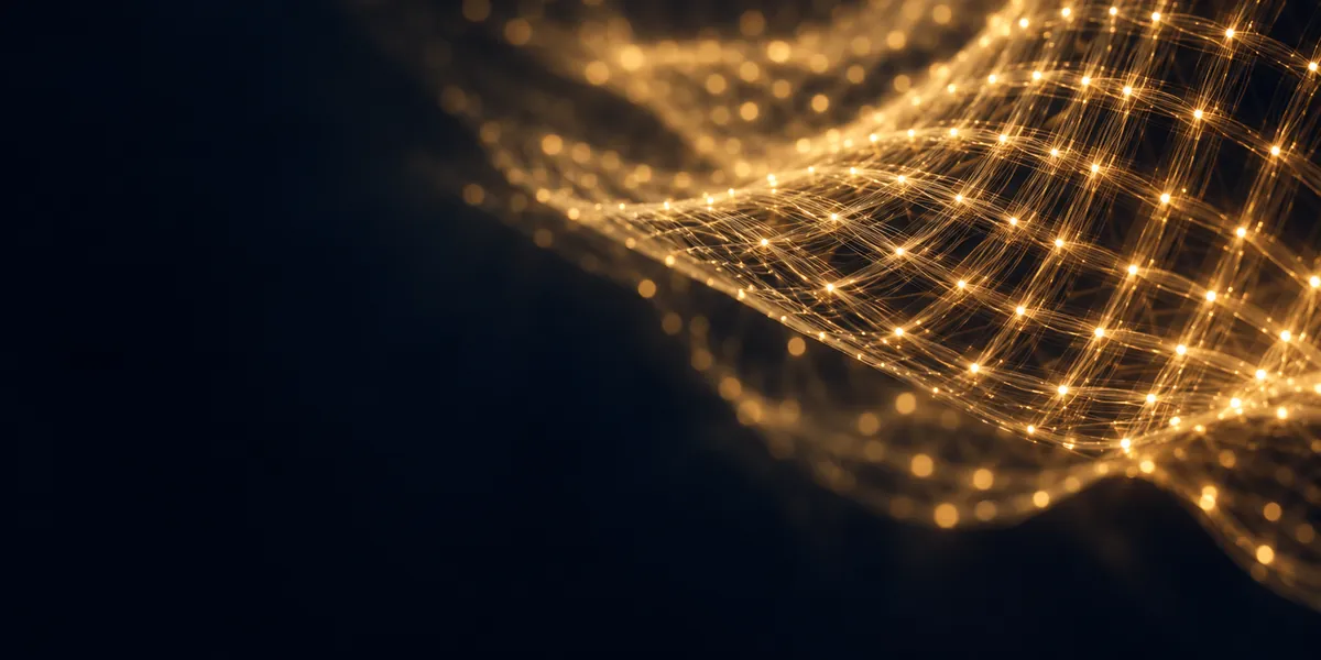 A woven mesh of gold light, representing an optical interconnect fabric