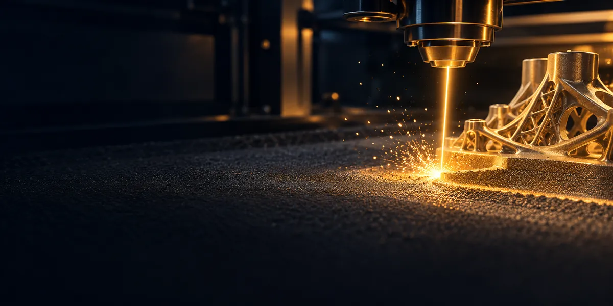 Laser metal 3D printing over a fine powder bed, representing additive manufacturing and industrial AI