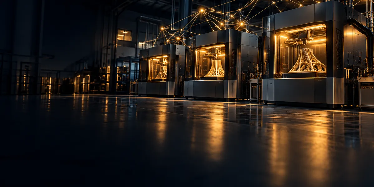 A row of industrial metal 3D printers connected by lines of light, representing AI in additive manufacturing
