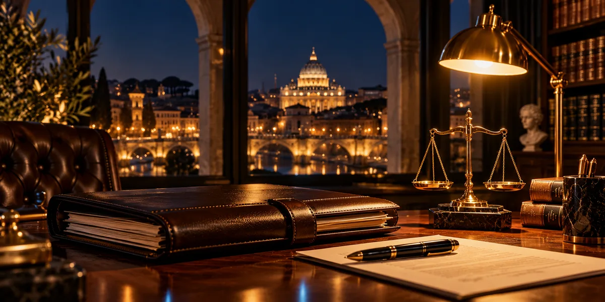 A leather case file and pen on a desk in an Italian law office at night, with St Peter's dome in the window