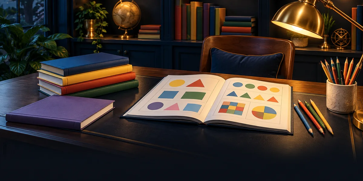 Colorful elementary-school reading books and original activity workbooks on a bright classroom desk, no copyrighted characters