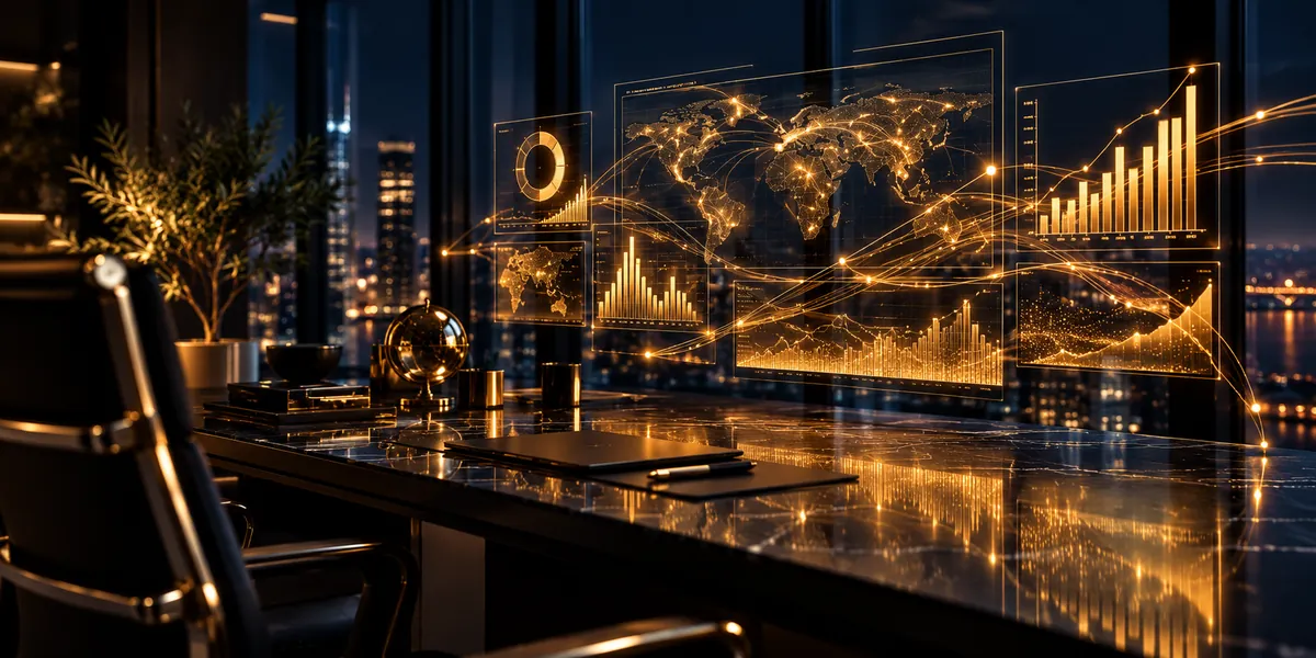 Gold financial charts and a world map floating above a desk in a night-time office, representing AI in finance