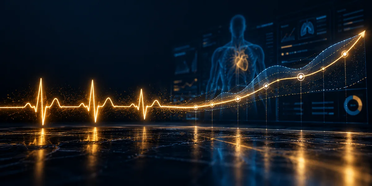 A gold heartbeat line turning into a forecast curve beside a medical display, representing prognosis and health forecasting