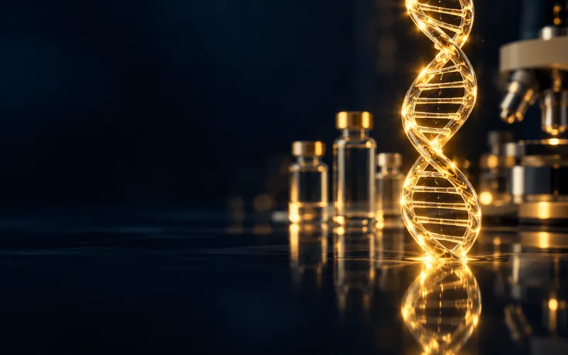 Glowing DNA double helix in a clean high-tech laboratory, representing genetic testing and life sciences