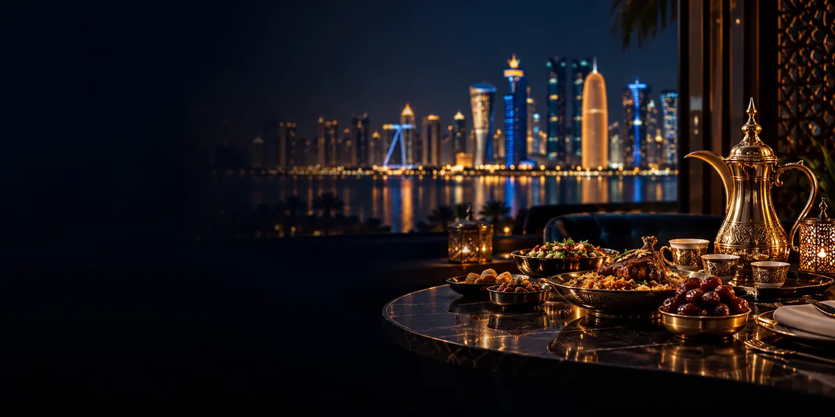 Arabic dishes, dates and a gold coffee pot on a restaurant table facing the Doha skyline at night, representing food in Qatar