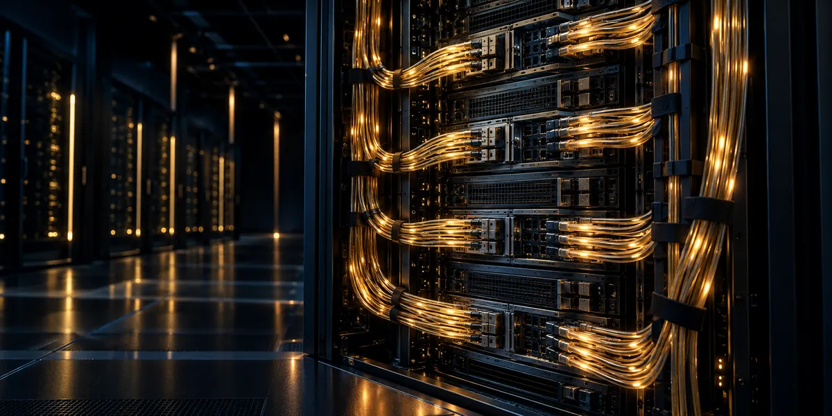 Glowing optical cables connecting units in an AI server rack, representing rack-scale interconnect
