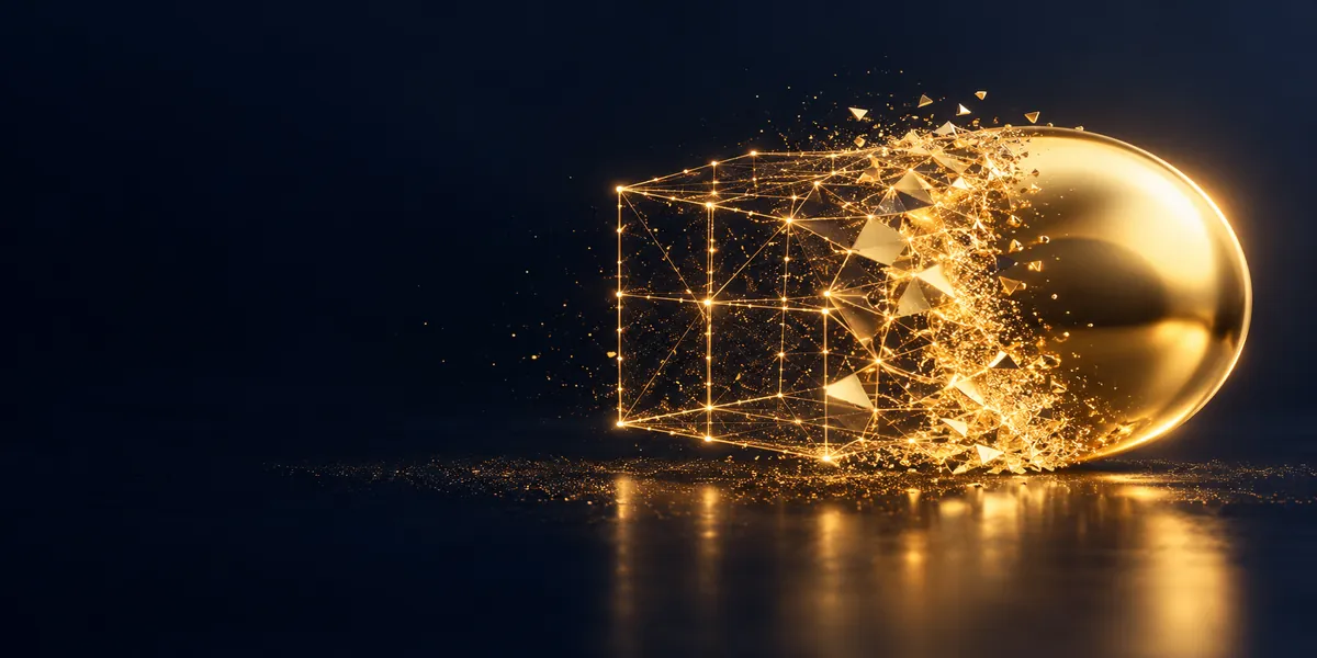 A gold wireframe cube turning into a polished gold sphere, representing AI that redefines how work is done