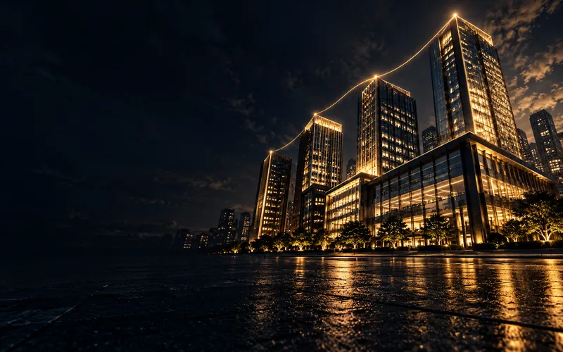 Commercial towers with a rising REIT growth chart, representing real estate investment trusts