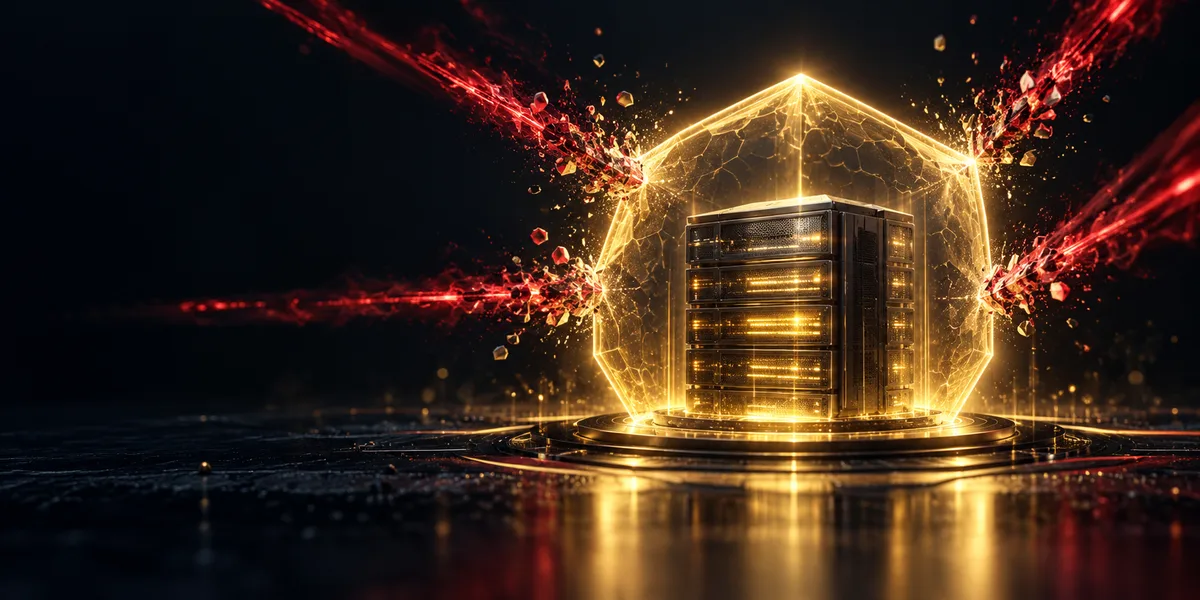 A gold hexagonal shield of light protecting a server while red threat lines break apart, representing cybersecurity