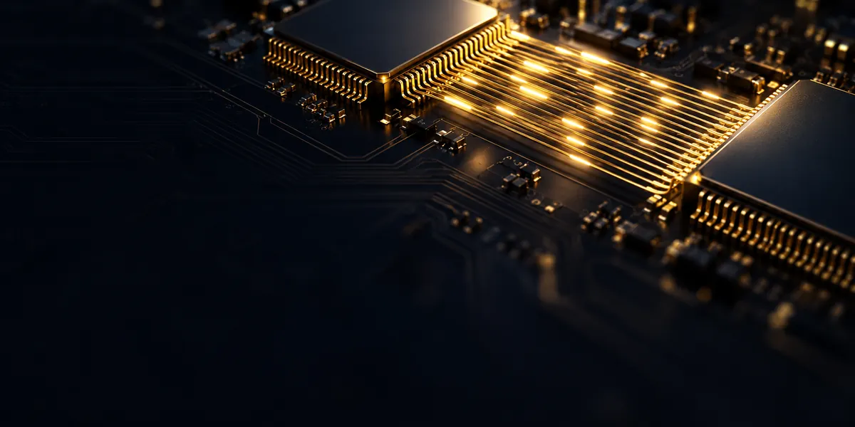Chip-to-chip data lanes glowing gold between two processors, representing SerDes high-speed links