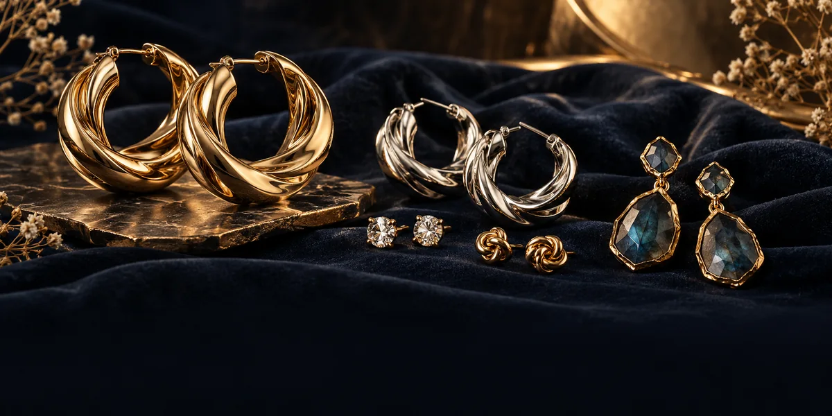 Premium jewelry editorial featuring gold and silver hoops, colorful statement earrings and studs, clean ivory backdrop