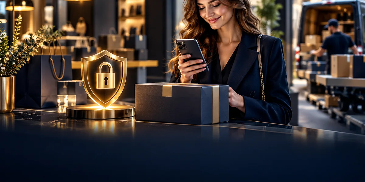 A shopper confirming a secure purchase beside a protected parcel and fulfilment service