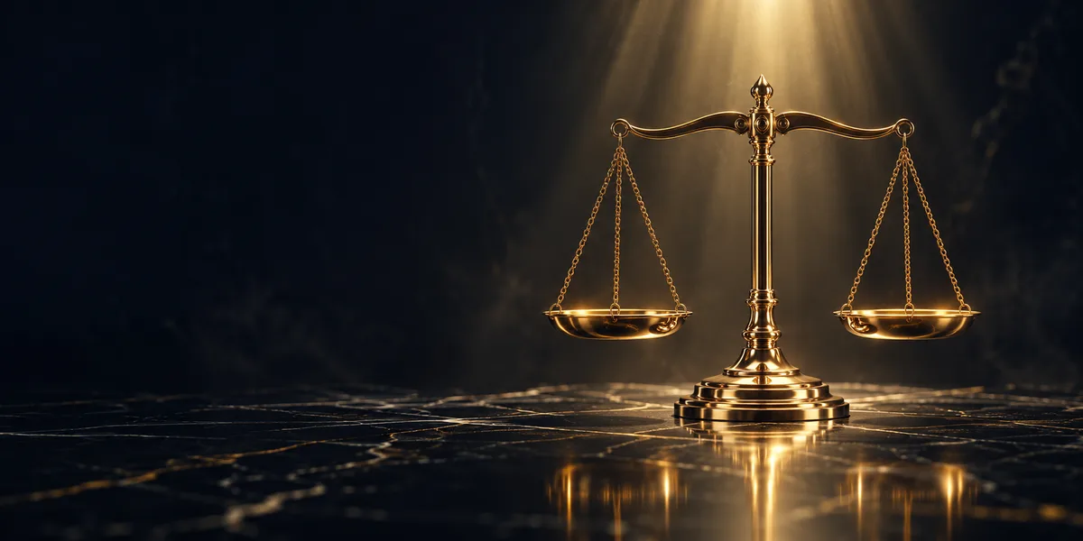 A balanced gold scale under a beam of light on black marble, representing truth and accuracy