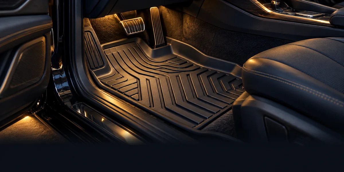 Premium automotive interior showing textured precision-fit floor mats and cargo protection, no vehicle badges