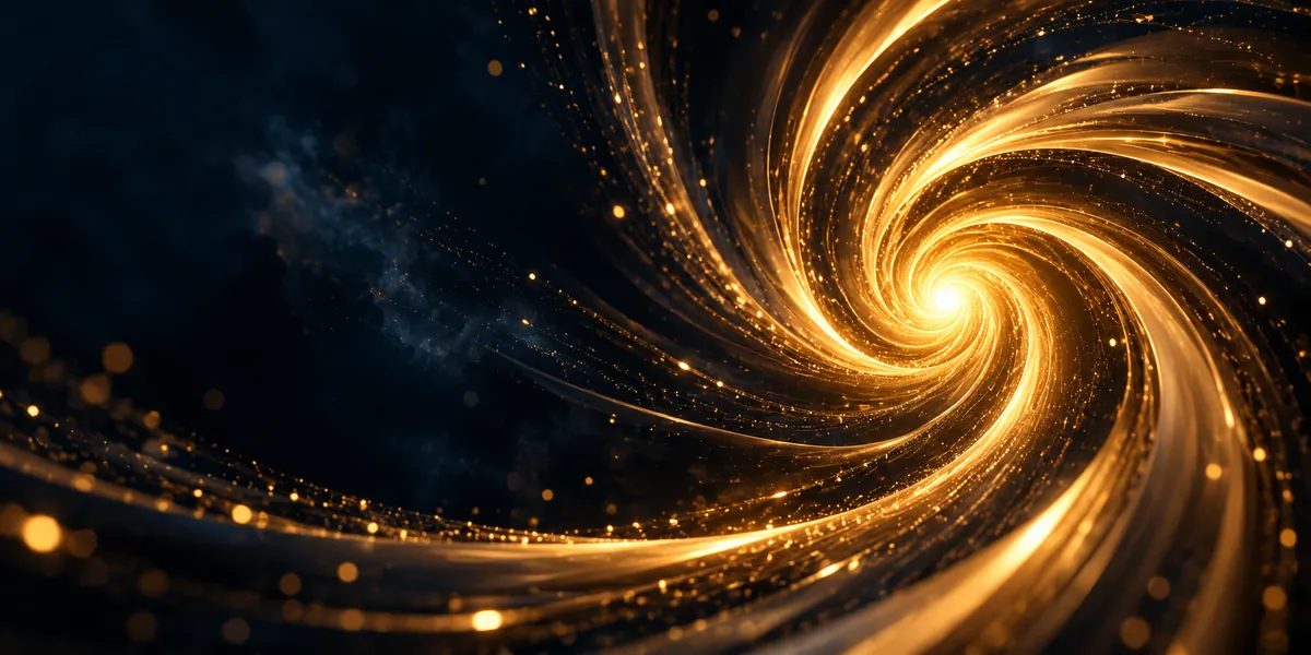 A bold gold vortex of light spiralling into a bright centre, representing a short, strong AI brand