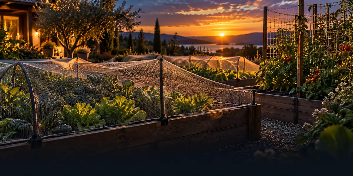 Sunlit vegetable garden with visible crop-protection mesh and climbing plant support netting