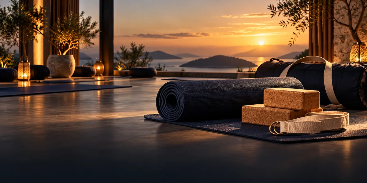 Yoga blocks, cotton straps and rolled mats in a serene sunlit studio, no people, sage and sandstone palette